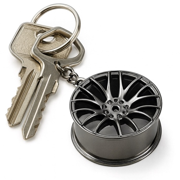 Car Wheel Rim Keychain | Black Spoke Key Ring Auto Racing JDM Style - Picture 2 of 4